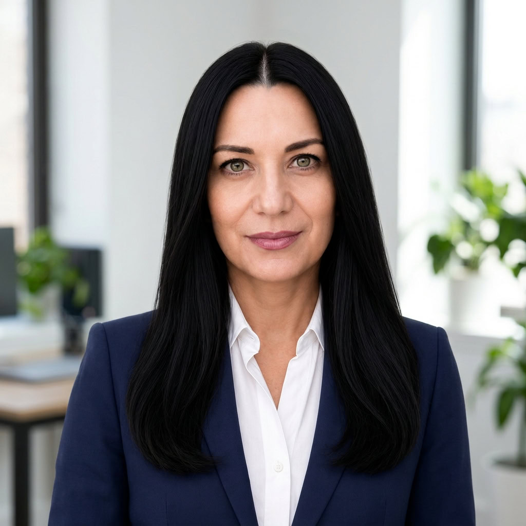Professional woman in business suit in modern office setting.