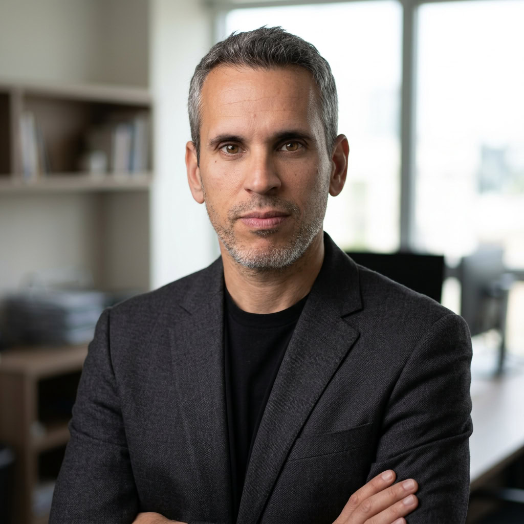 Professional portrait of a man in a modern office setting, representing Thinkerbell AI.