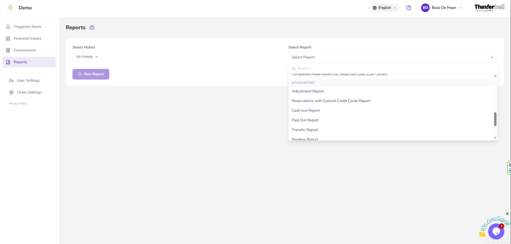 A dashboard interface displays a "Reports" section with a dropdown menu open, showing various report options like Adjustment Report, Cash Run Report, and Transfer Report. The "Run Report" button is visible on the left.