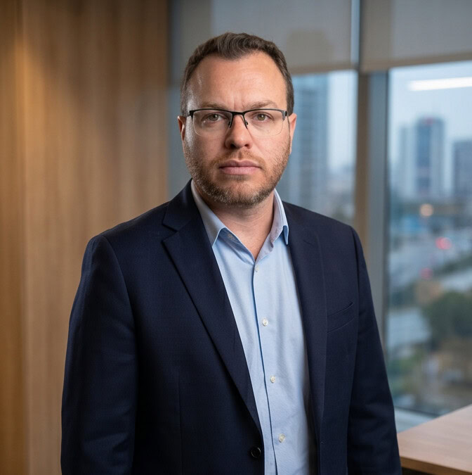 Professional portrait of a man in a suit at Thinkerbell AI office.