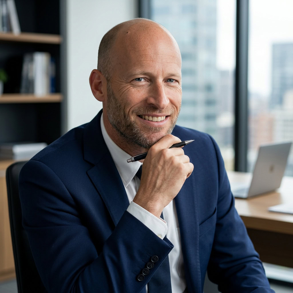 A man in a navy suit sits at a desk in a modern office, smiling and holding a pen near his chin. Large windows and city buildings are visible in the background.